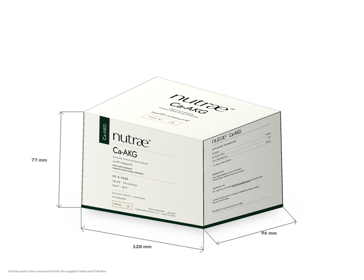 Nutrae Ca-AKG carton - with 120, 96 and 77 mm size marks