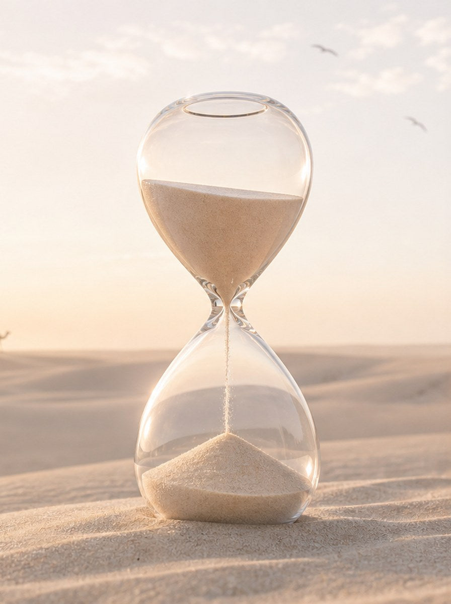 Hourglass in the desert at sunrise - Nutrae, it's about time