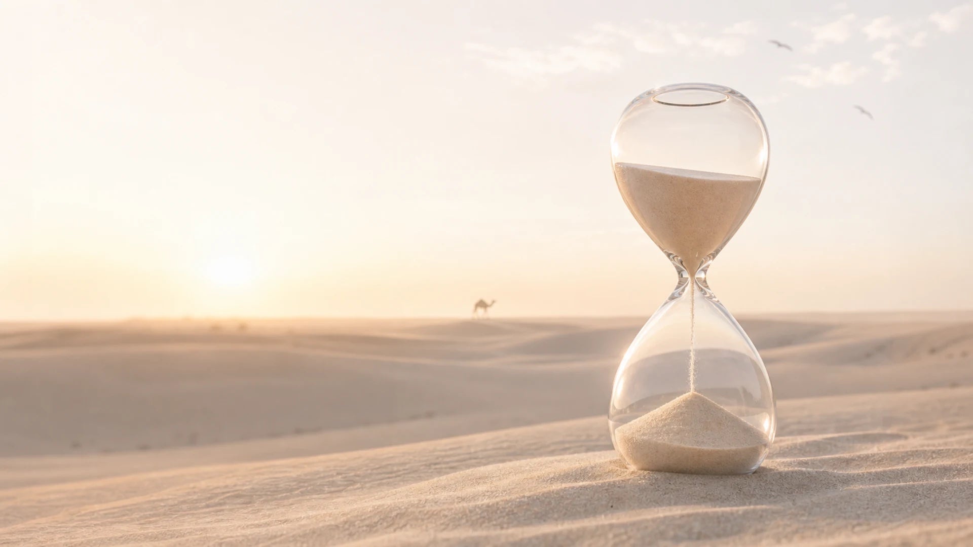 An hourglass resting in golden desert dunes at dusk